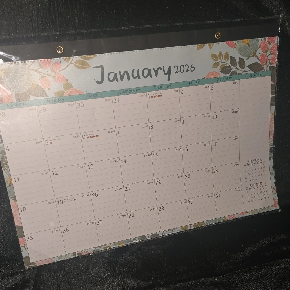 Floral Monthly Desk Calendar - Black and Multicolor